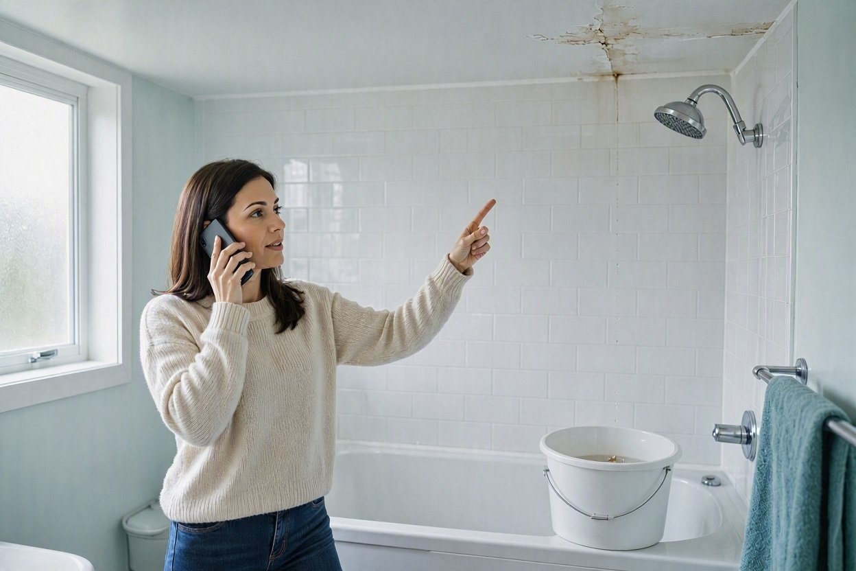 A woman on the phone pointing out a repair issue that needs a service professional.