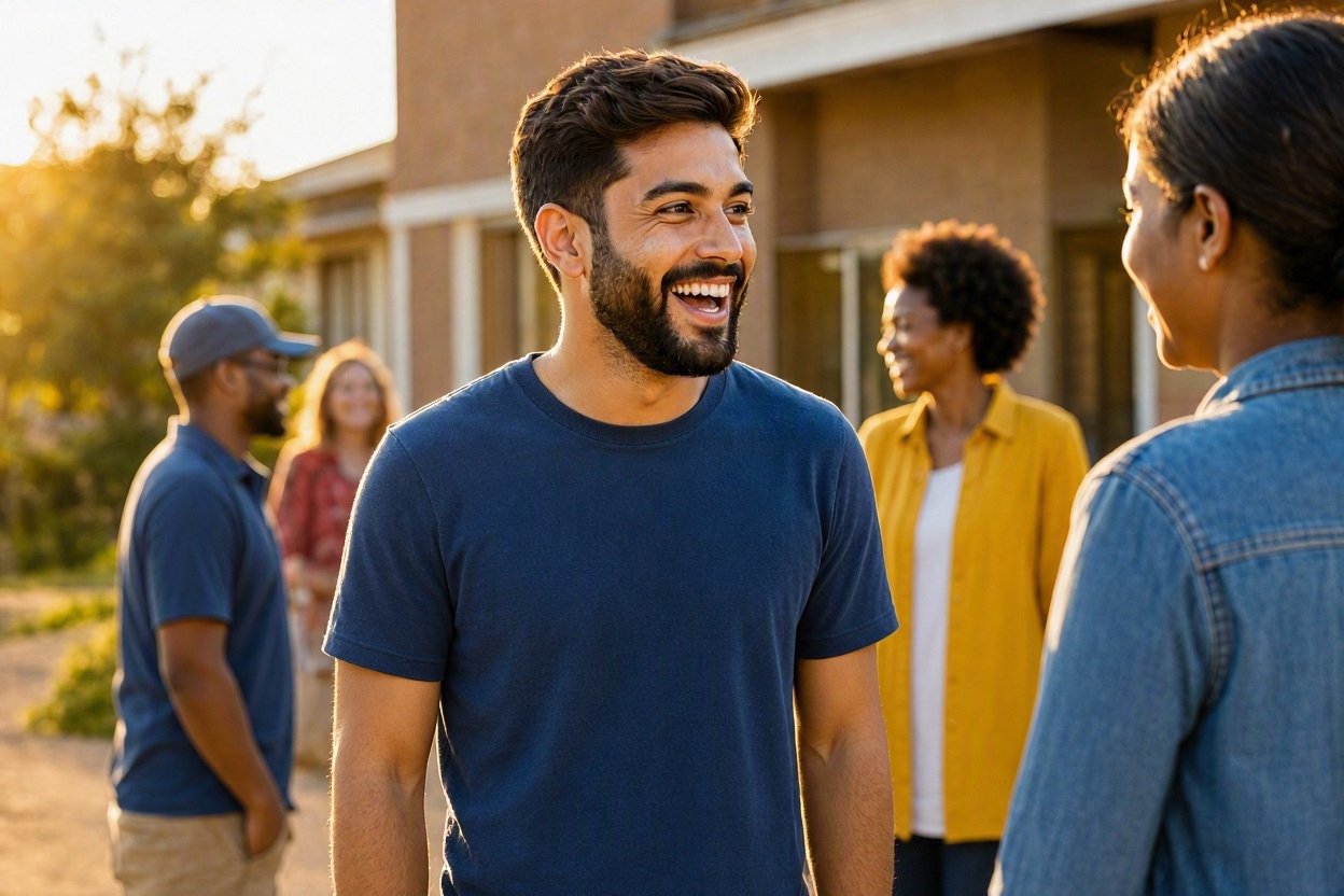 A volunteer smiling with a group of people outdoors.